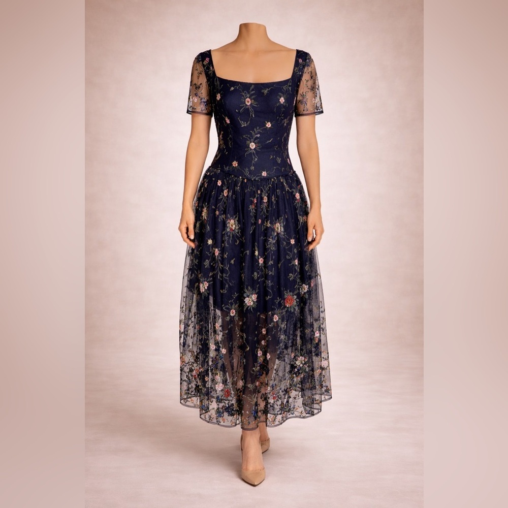 Navy Floral Mesh Midi Dress